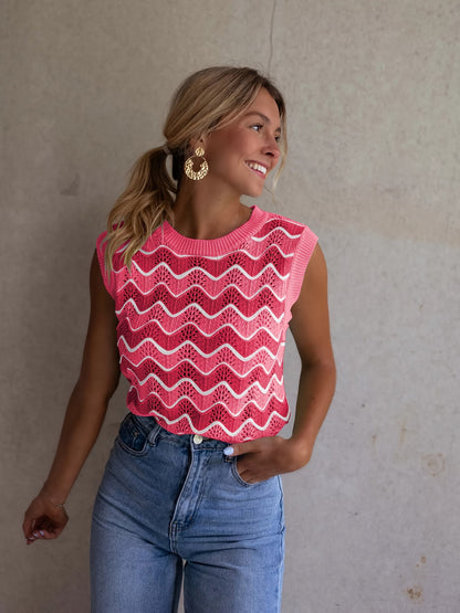 Dames Mouwloos Kabelgebreid Vest Met Contrasterende Halslijn