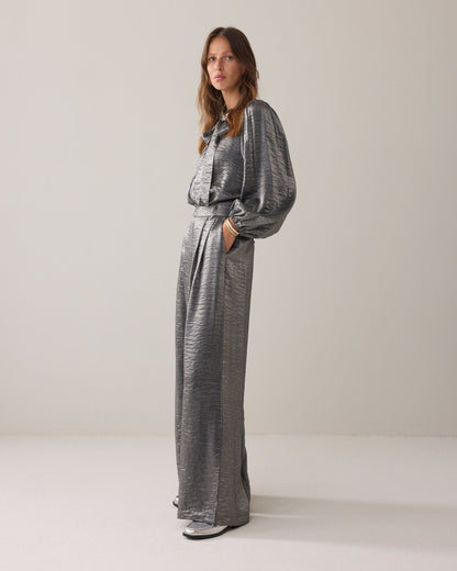 Vrouwen Blouse Set met Strik en Volumineuze Mouwen Metallic Kleur