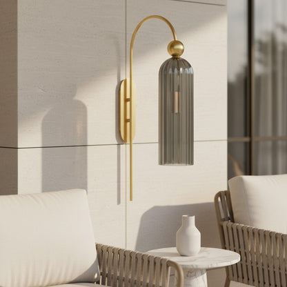 Geribbelde Glazen Wandlamp Cilindervorm met Gouden Fitting voor Gang, Slaapkamer, Woonkamer