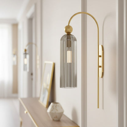 Geribbelde Glazen Wandlamp Cilindervorm met Gouden Fitting voor Gang, Slaapkamer, Woonkamer