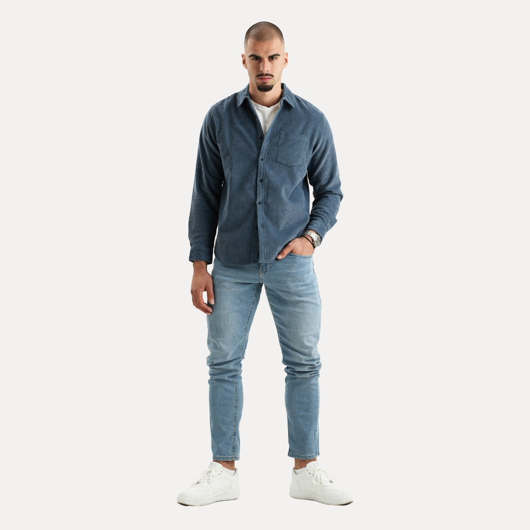 Velluto Overhemd Lange Mouw Donkerblauw Mannen