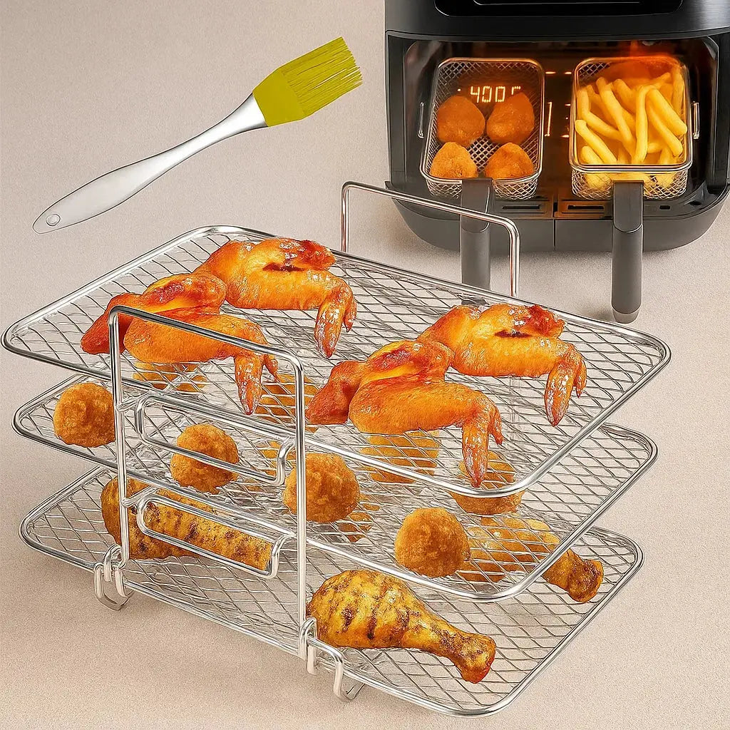 Drielaags Airfryer Rek 22×16×14 cm Roestvrij Staal voor Heteluchtfriteuse Ninja DualZone 8L 10L Uitbreidingsset met Verwijderbare Plateaus