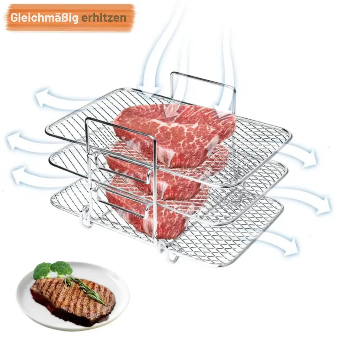 3-Laags Airfryer Rek Edelstaal 304 voor Ninja Heteluchtfriteuse Gelijkmatig Bereiden Drogen Grillen Maximale Ruimte 22x16x14cm