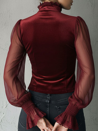 Dames Corset Top Fluwelen Kant Mouwen Transparant