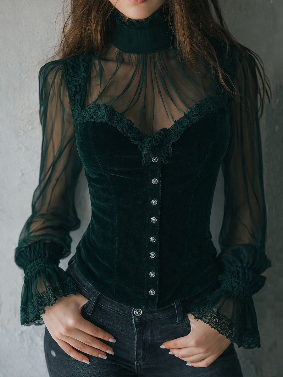 Dames Corset Top Fluwelen Kant Mouwen Transparant
