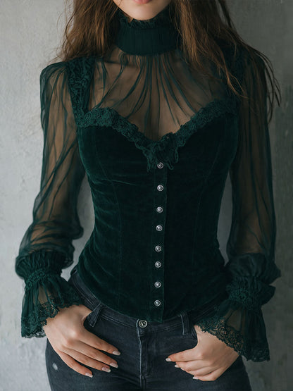 Dames Corset Top Fluwelen Kant Mouwen Transparant