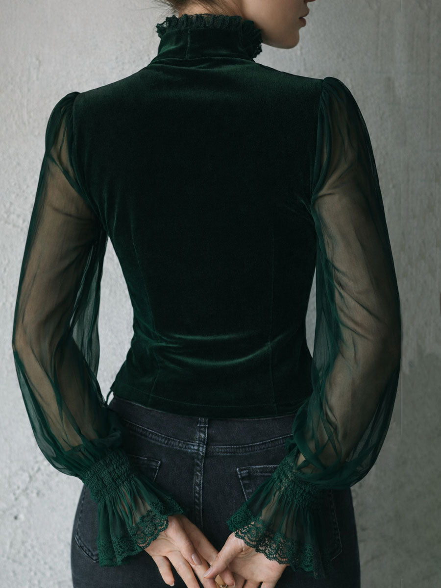 Dames Corset Top Fluwelen Kant Mouwen Transparant