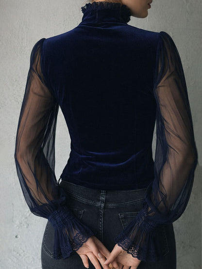 Dames Corset Top Fluwelen Kant Mouwen Transparant