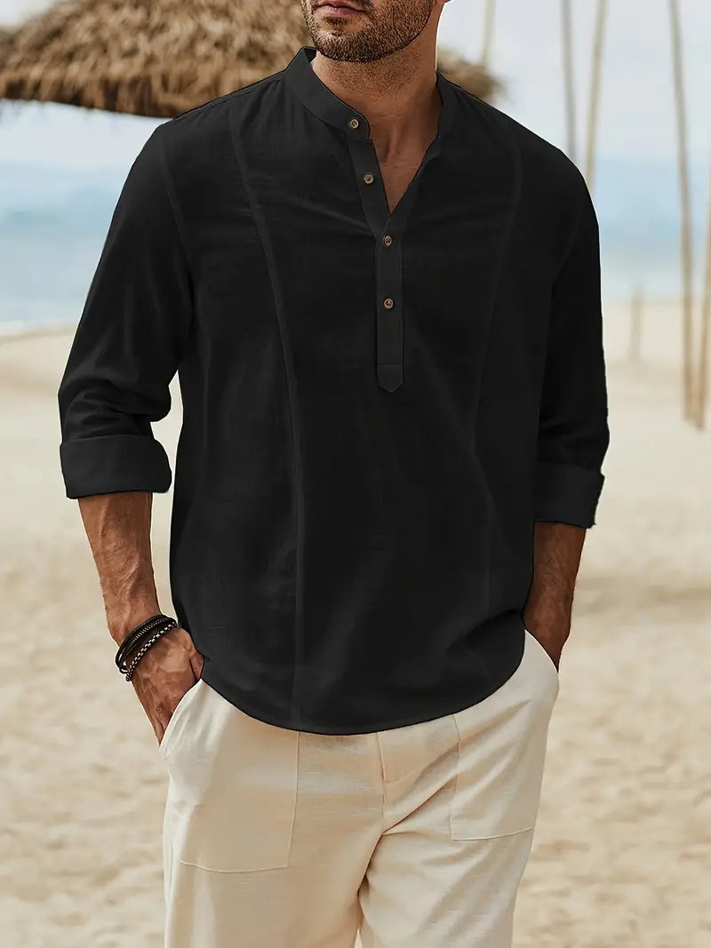 Strandshirt Lichtblauw Relaxed Fit met Staande Kraag - StudioMarella