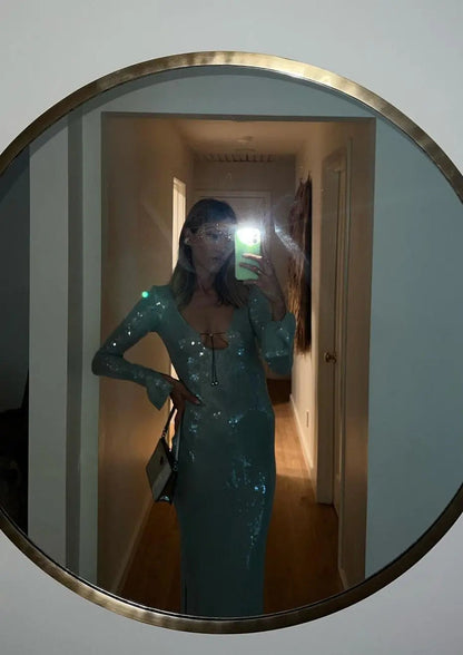 Mintgroene Jurk Lange Mouwen Glitter Dameskleding