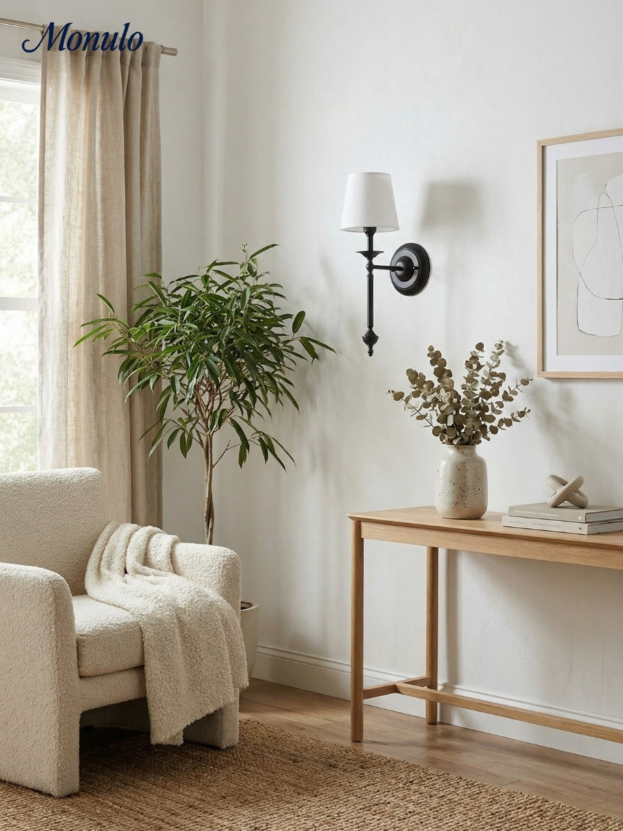 Stoffen Wandlamp met Vintage Koperen Afwerking – Sfeervolle Verlichting voor Hal, Slaapkamer en Woonkamer