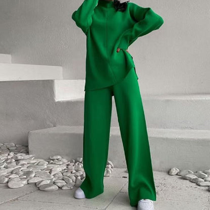 Dames Gebreide Lounge Set met Coltrui en Wijde Broek - StudioMarella