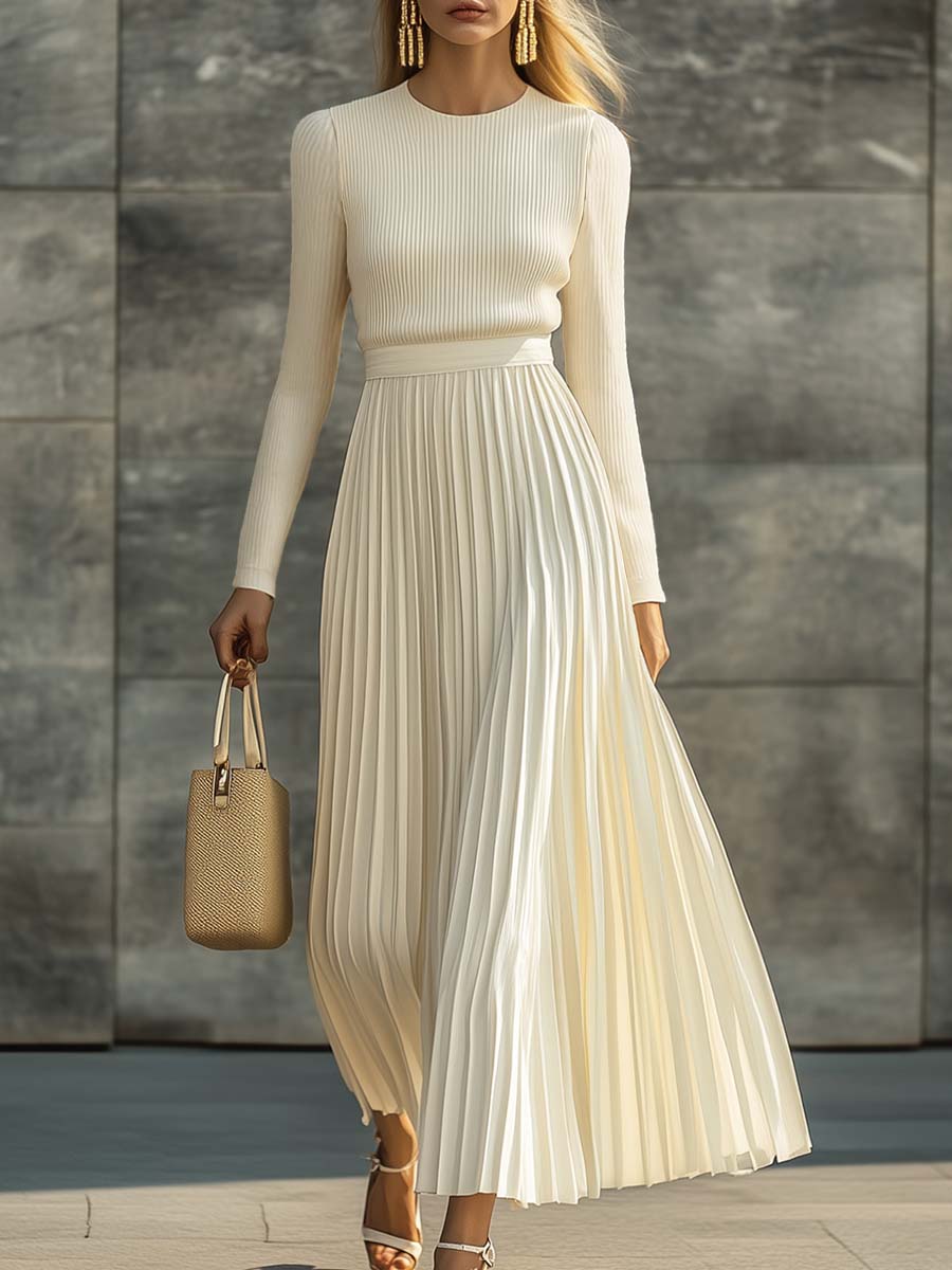 Dames Maxi Jurk met Gebreide Top en Geplooide Satijnen Rok - StudioMarella