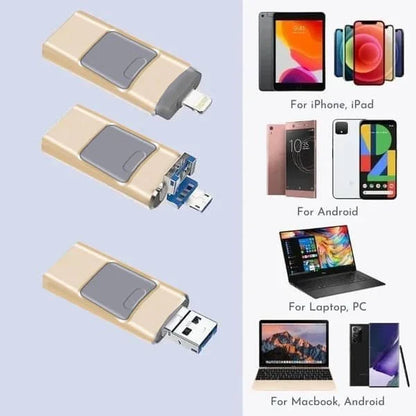 4-in-1 USB-Stick met Meervoudige Aansluitingen Zwart Zilver Goud Roze voor Smartphone Tablet Laptop iPhone Android | Snelle Datatransfer Opslagstick Universele Compatibiliteit iOS Windows Mac Backup