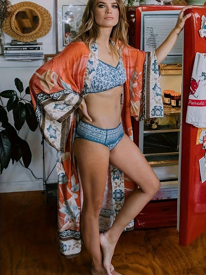Lange Kimono Dames Bloemenprint Zomerjurk