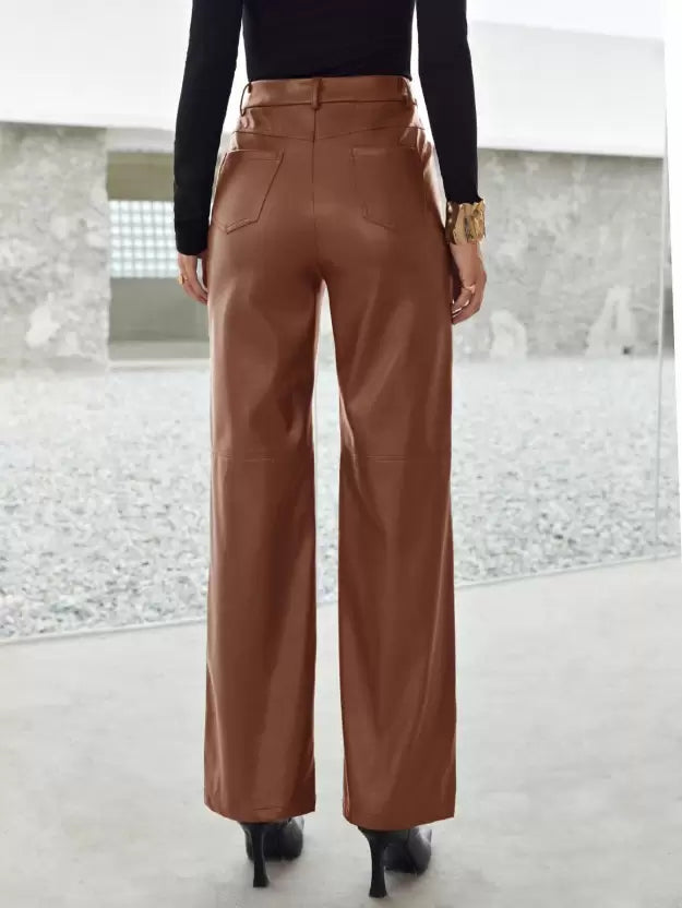 Dames Leren Broek High Waist Met Zakken Lang Model