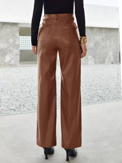 Dames Leren Broek High Waist Met Zakken Lang Model