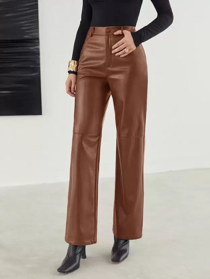 Dames Leren Broek High Waist Met Zakken Lang Model