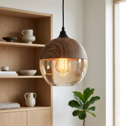 Scandinavische Hanglamp van Glas met Houtlook – Warme Designverlichting voor Woonkamer & Eetkamer