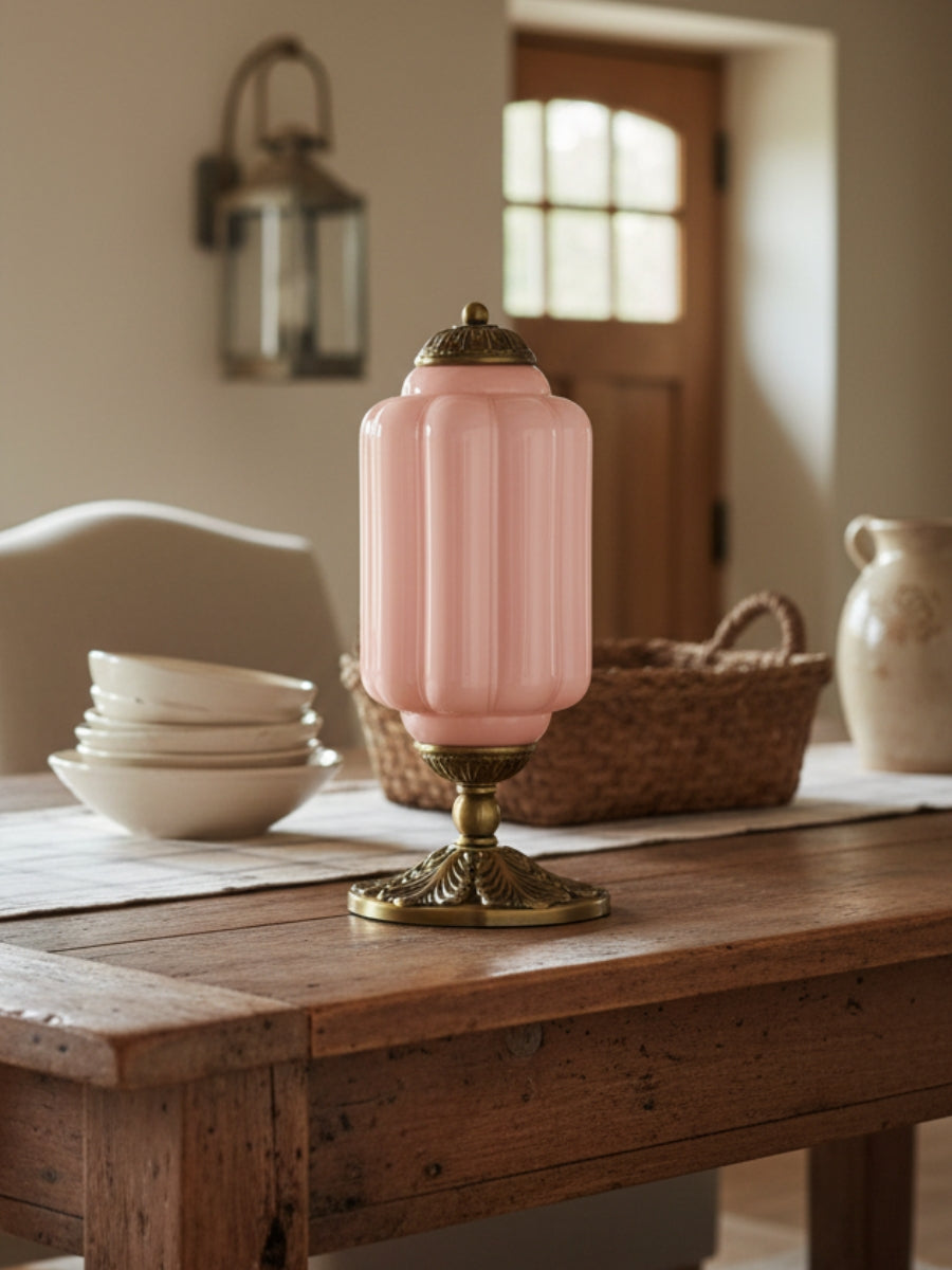 Vintage Glazen Tafellamp met Messing of Zwarte Afwerking