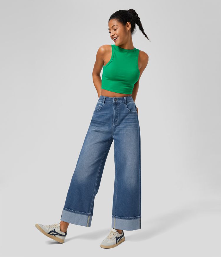 Dames Jeans Zwart Wide Leg Comfortabele Broek