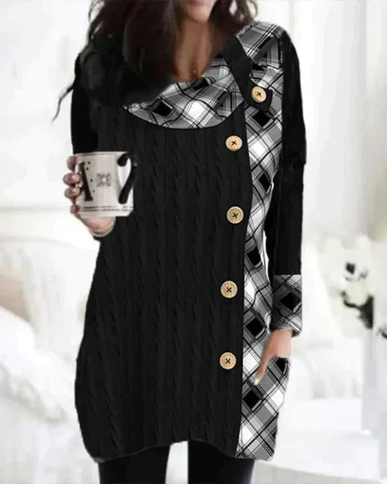 Geruite Vrouwelijke Jurk met Knopen Patchwork Styling - StudioMarella