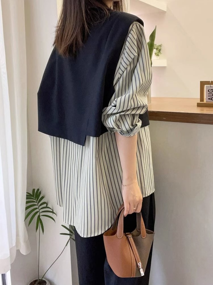 Bloes Gestreept Patchwork Stijlvol Dame Blouse