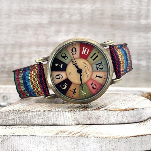 Vintage Dameshorloge met Regenboog Patroon en Gevlochten Band