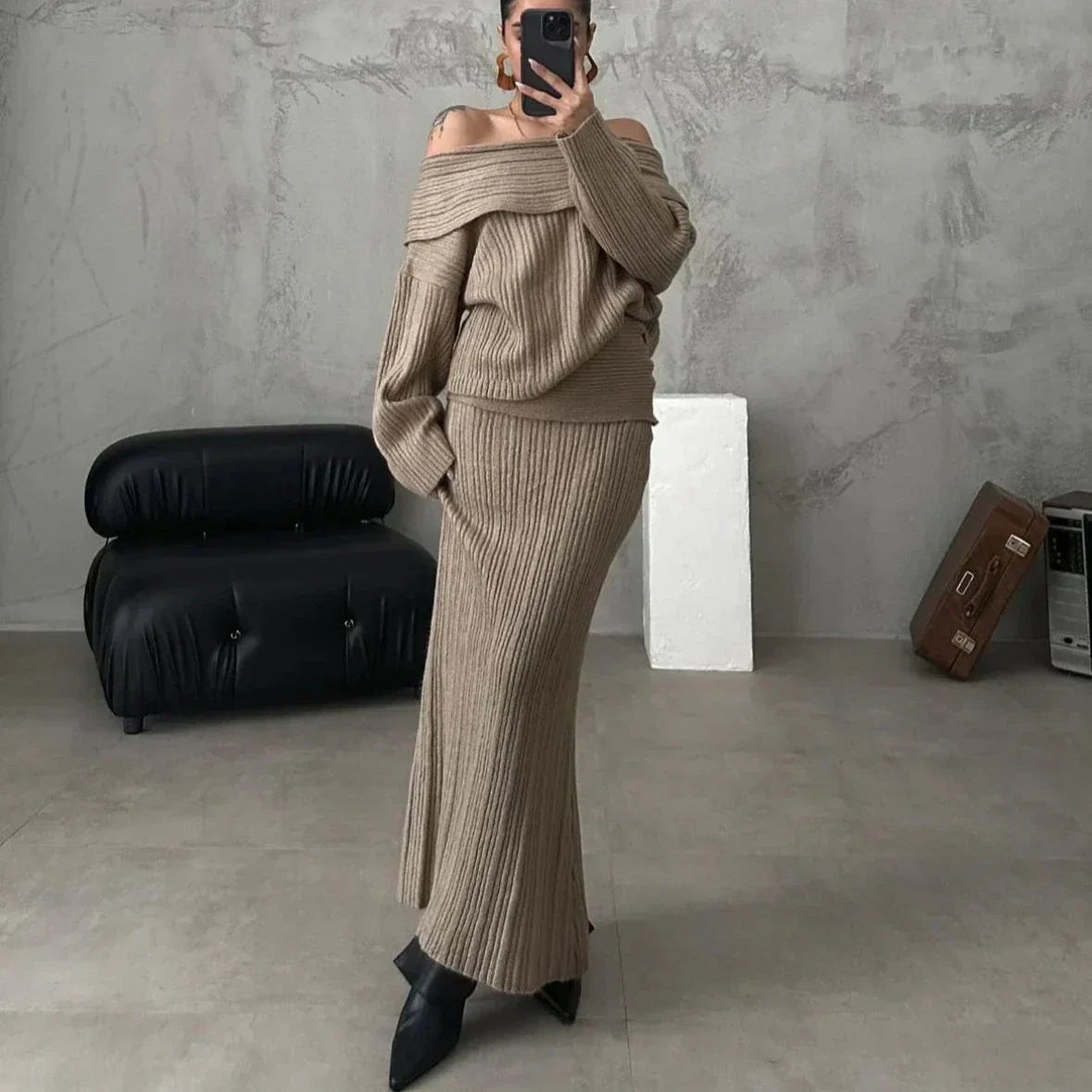 Elegante Trui en Rok Set Gebreid Off Shoulder Dame - StudioMarella
