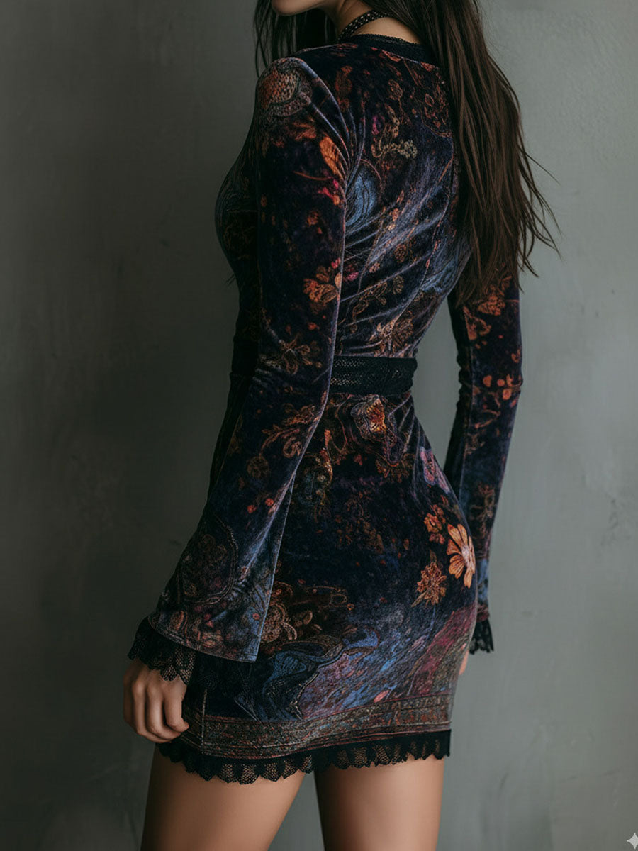 Dames Jurk Fluwelen Mini Bloemenprint V-Hals Kant