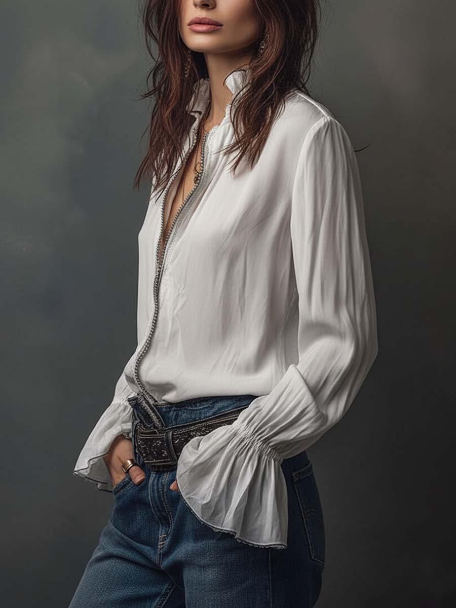 Dames Blouse Wit met Volant Mouwen en Ritssluiting