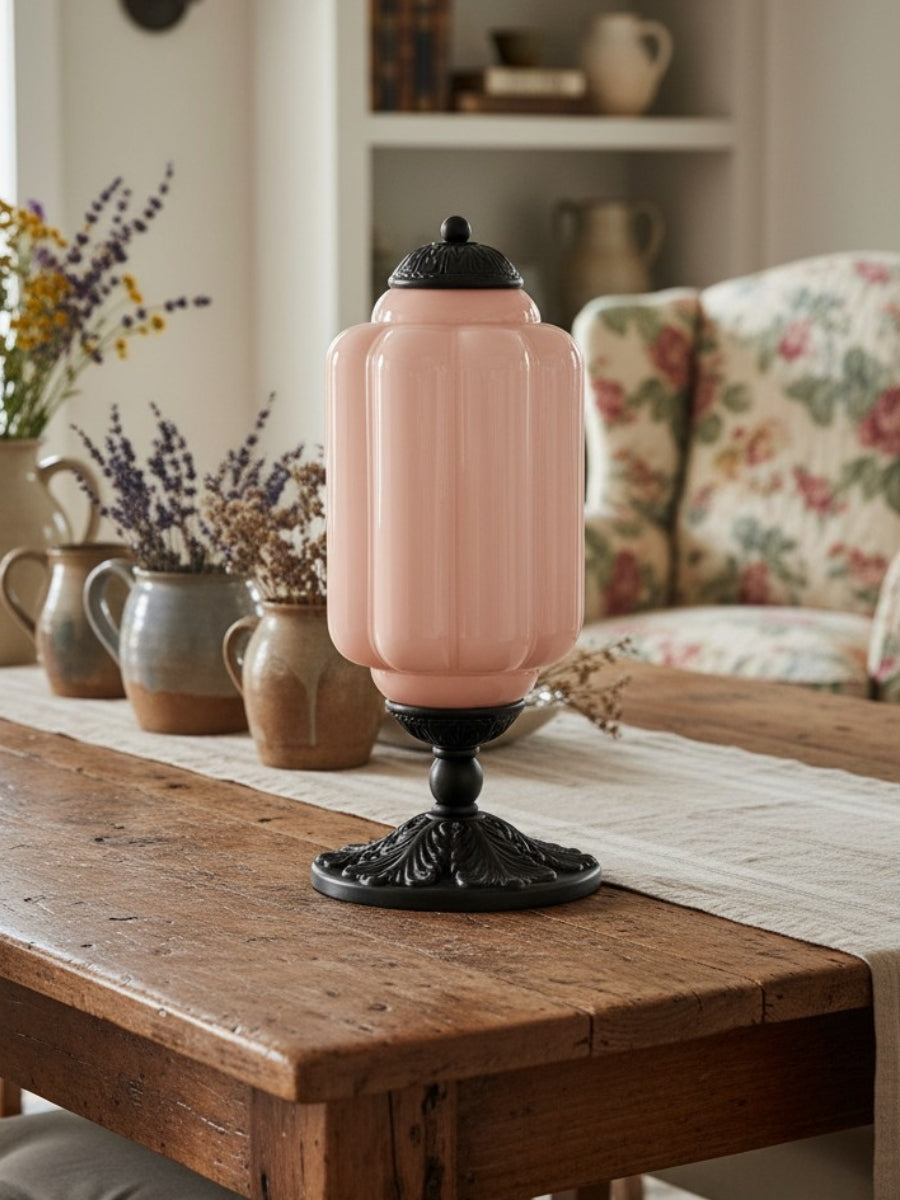Vintage Glazen Tafellamp met Messing of Zwarte Afwerking