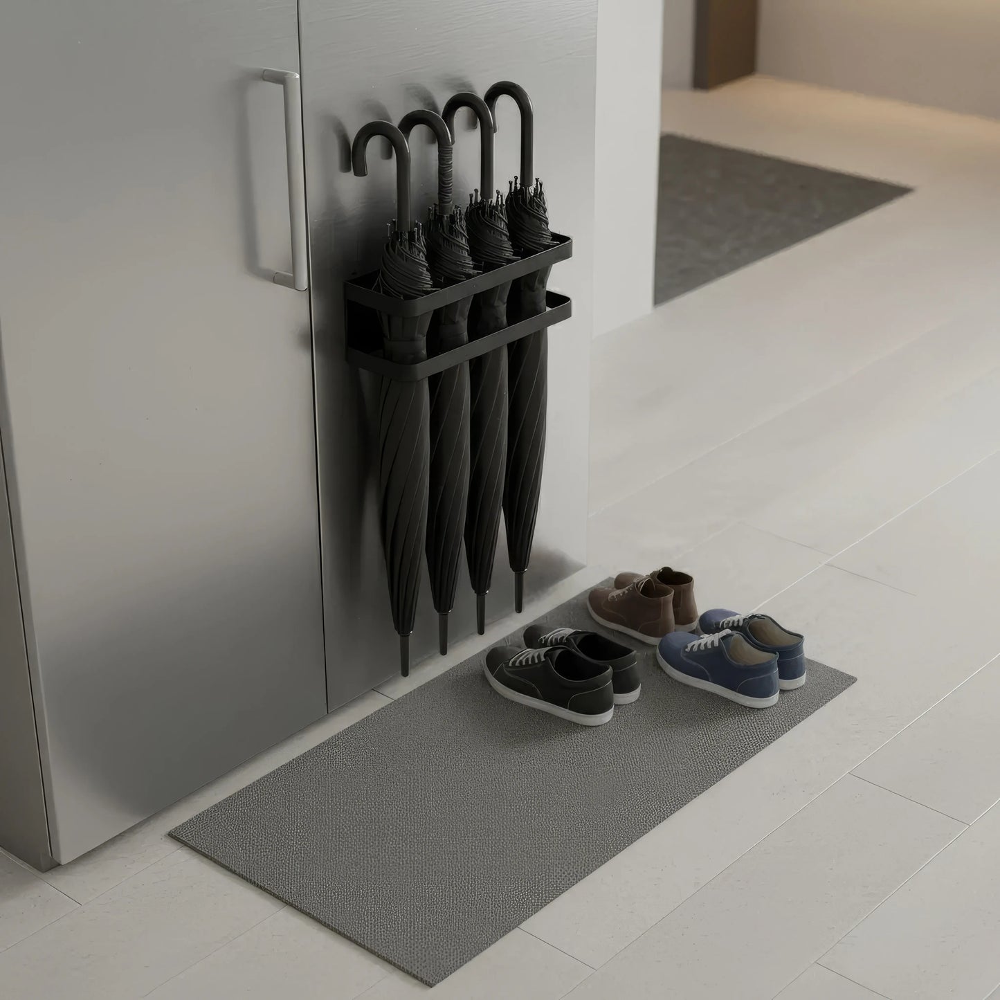 Compacte Parapluhouder Wandmontage Zwart IJzer met Lekbak voor Hal – Ruimtebesparend & Praktisch