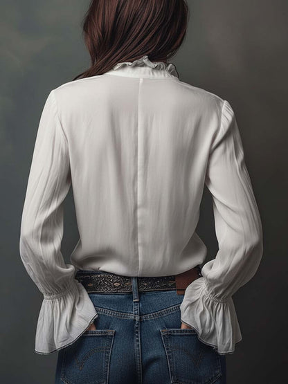 Dames Blouse Wit met Volantmouwen en Ritssluiting