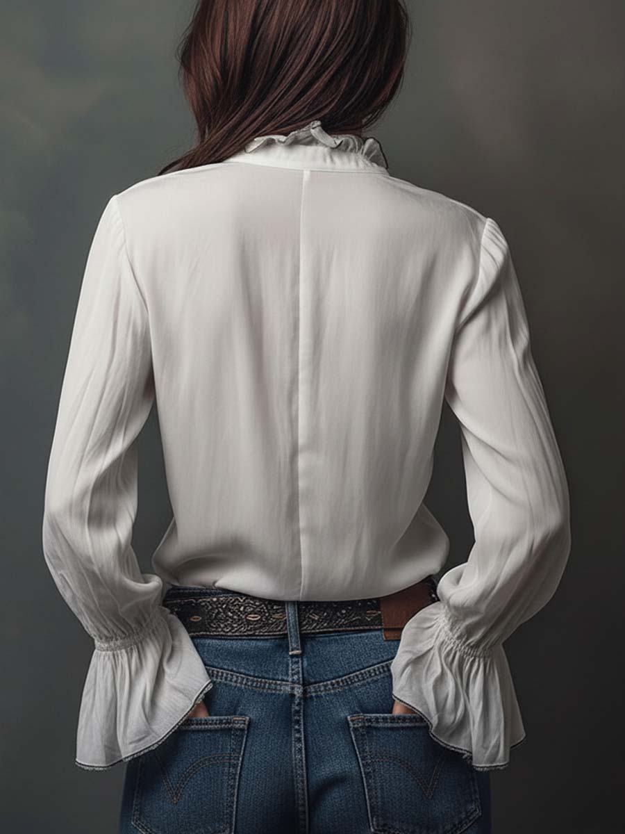 Dames Blouse Wit met Volant Mouwen en Ritssluiting