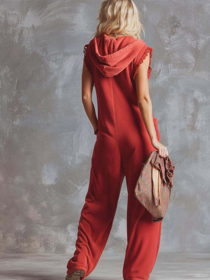 Dames Jumpsuit Sportief Katoen Framboosrood met Capuchon