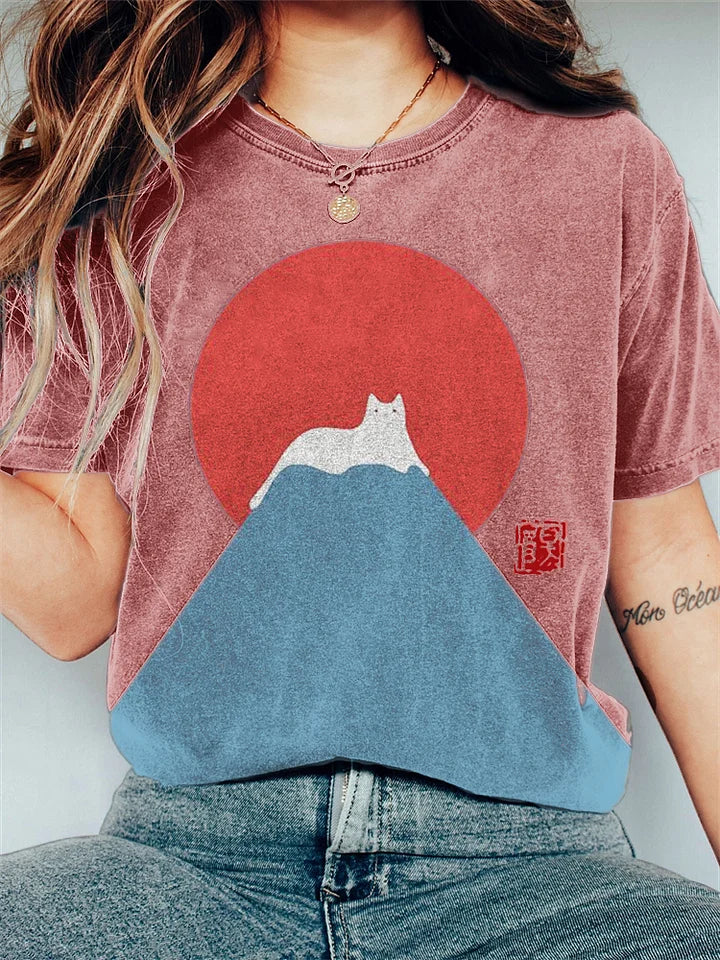 Katoenen T-shirt met Kat en Berg Grafische Print