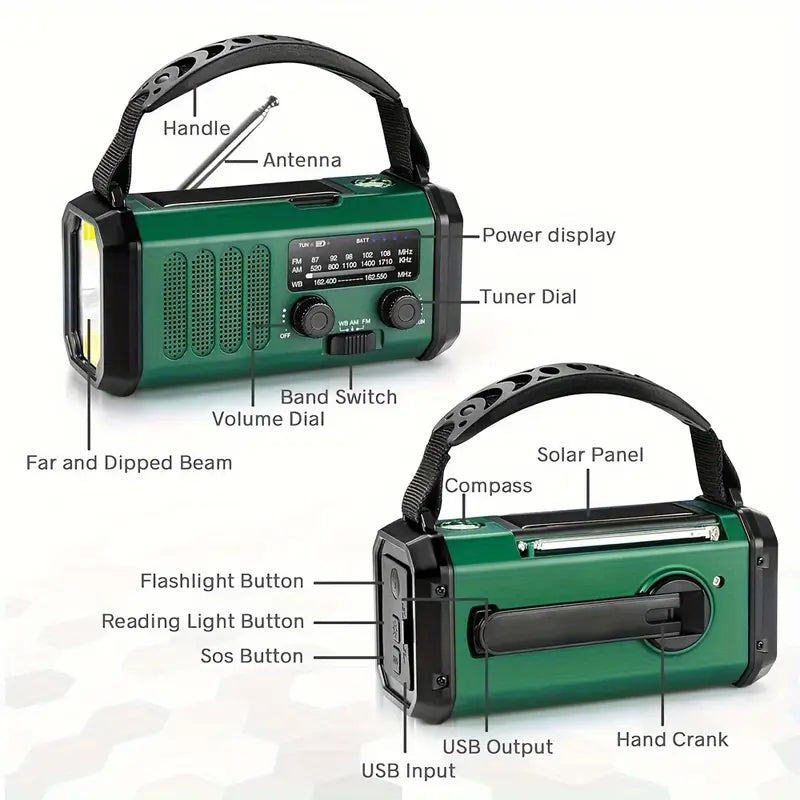 Multifunctionele Dynamo Noodradio 10000mAh Zonnepaneel Handslinger Weeralarm Zaklamp Powerbank Camping