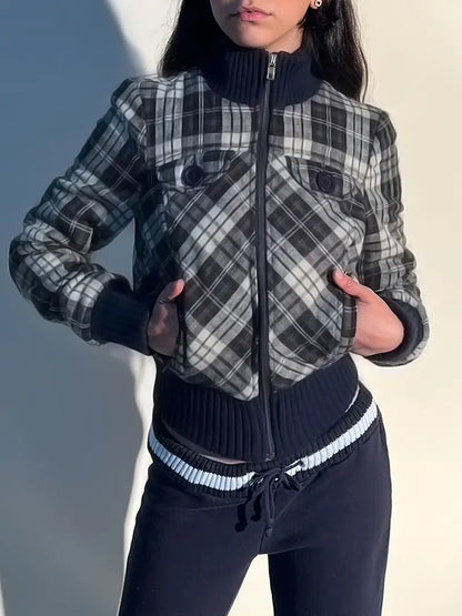 Geruite Cropped Vrouwenjas met Lange Mouwen
