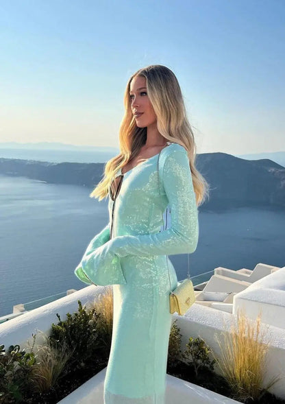 Mintgroene Jurk Lange Mouwen Glitter Dameskleding