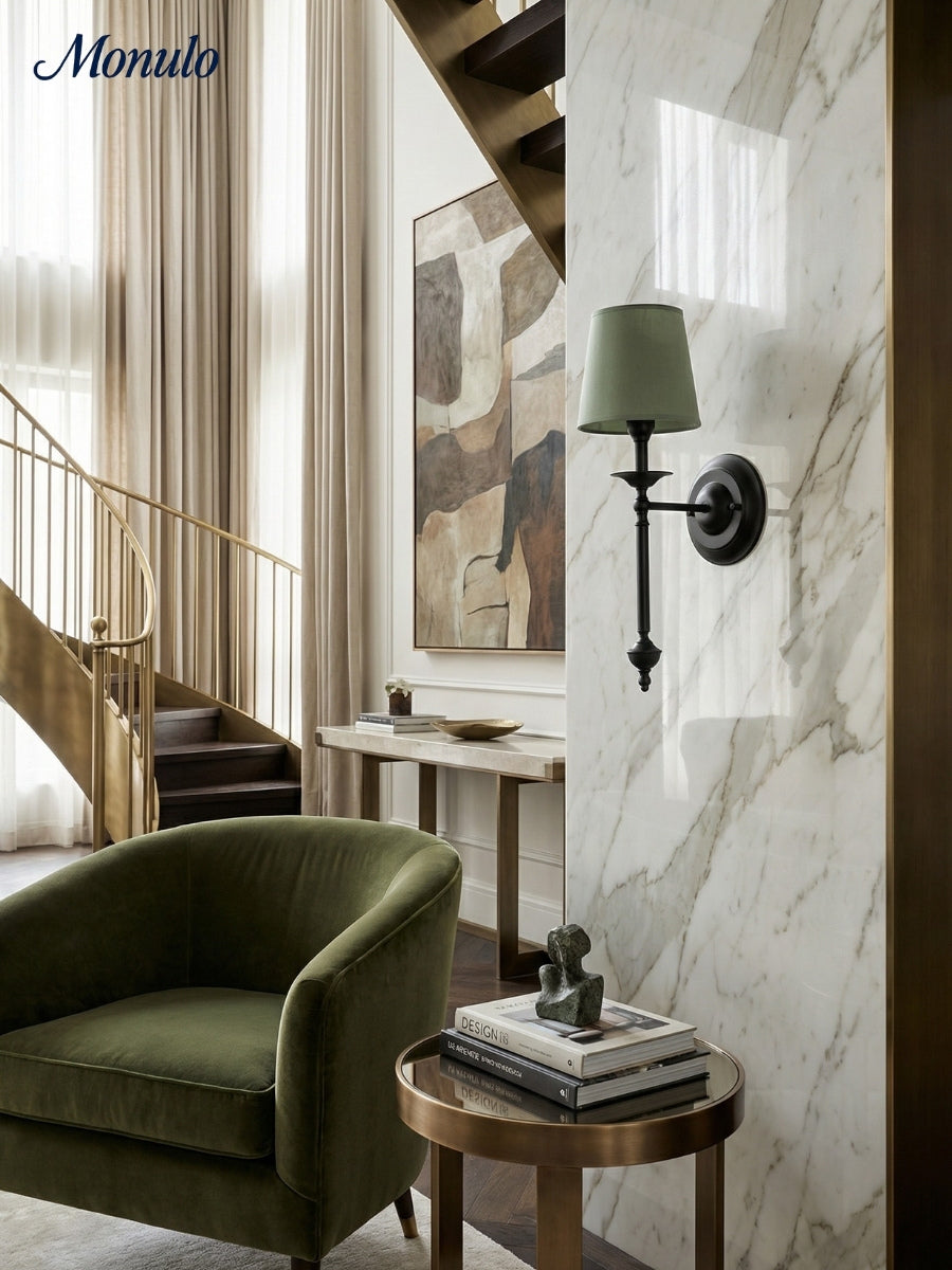 Stoffen Wandlamp met Vintage Koperen Afwerking – Sfeervolle Verlichting voor Hal, Slaapkamer en Woonkamer