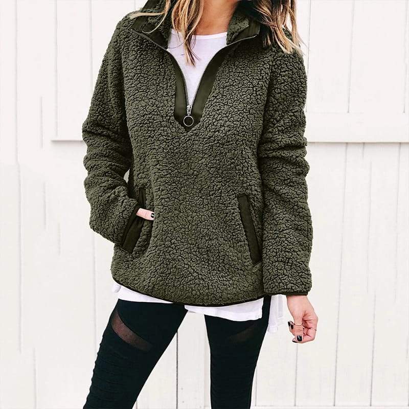 Dames Fleece Trui Zwart met Rits en Hoge Kraag Teddy Look
