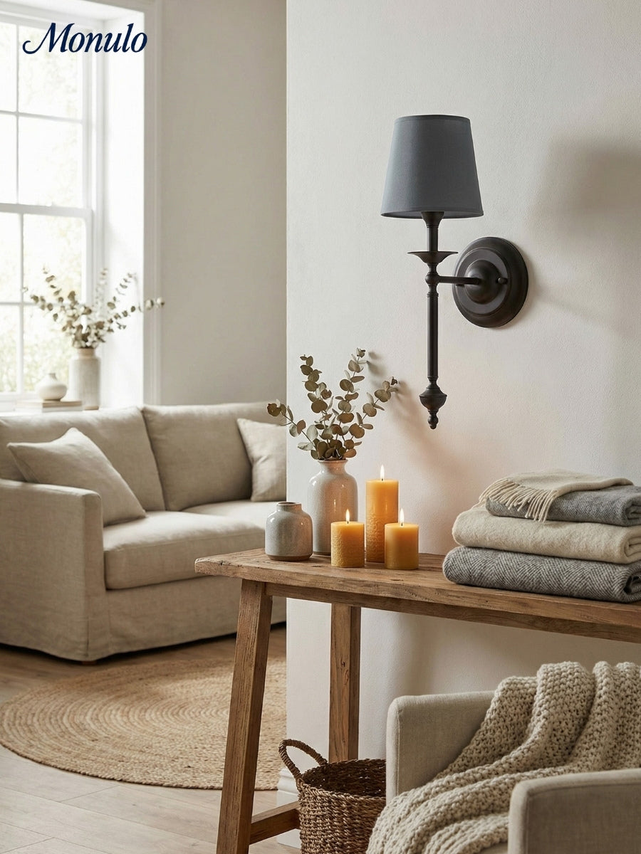 Stoffen Wandlamp met Vintage Koperen Afwerking – Sfeervolle Verlichting voor Hal, Slaapkamer en Woonkamer
