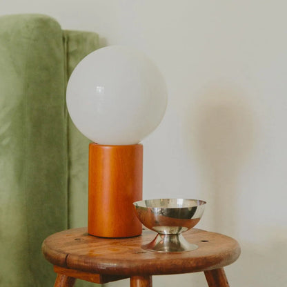 Tafellamp Hout Glas Vintage Mid-Century 28cm Ronde Bol Nachtkastlamp Slaapkamer