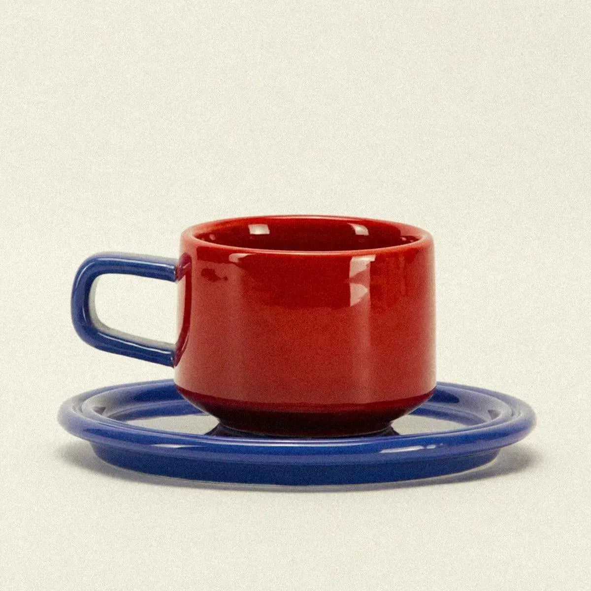 Kop en Schotel Keramiek Tweekleurig Rood Blauw Koffiekop Retro Vintage Servies Set