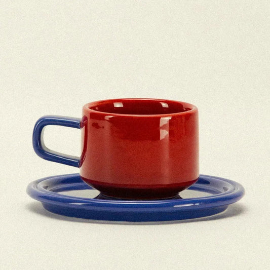 Kop en Schotel Keramiek Tweekleurig Rood Blauw Koffiekop Retro Vintage Servies Set