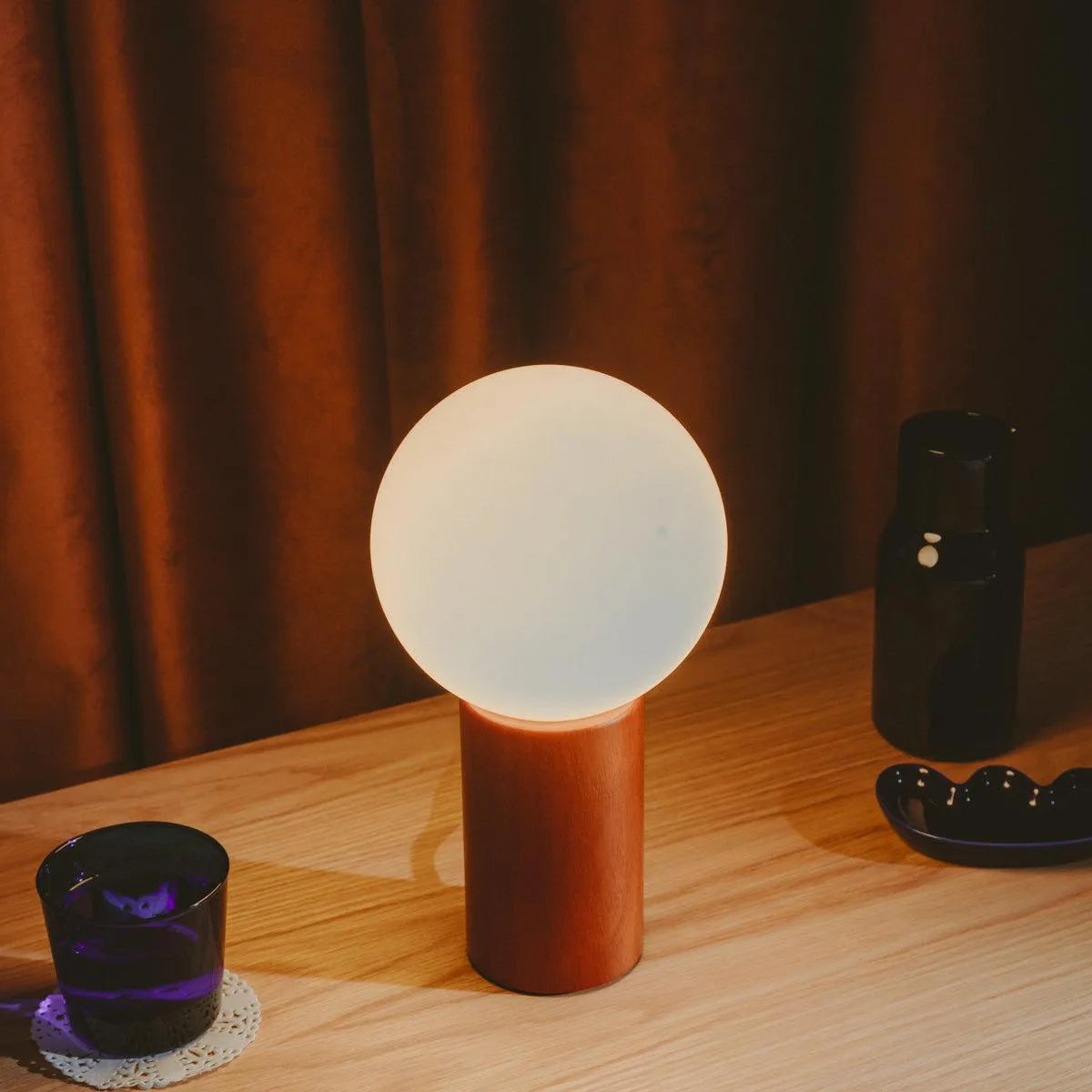 Tafellamp Hout Glas Vintage Mid-Century 28cm Ronde Bol Nachtkastlamp Slaapkamer