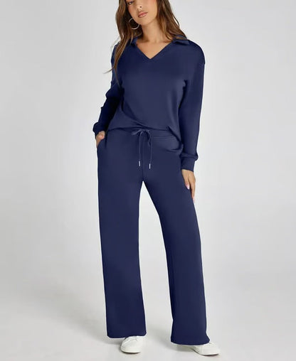 Dames 2-Delige Set met V-Hals Sweatshirt en Wijde Joggingbroek