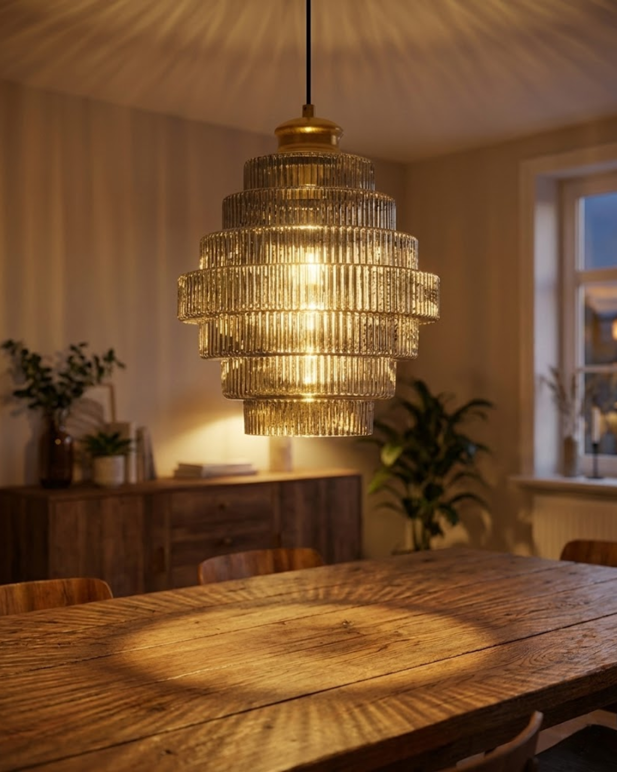 Moderne trapsgewijze glazen hanglamp met gouden detail voor eetkamer en woonkamer – luxe design verlichting