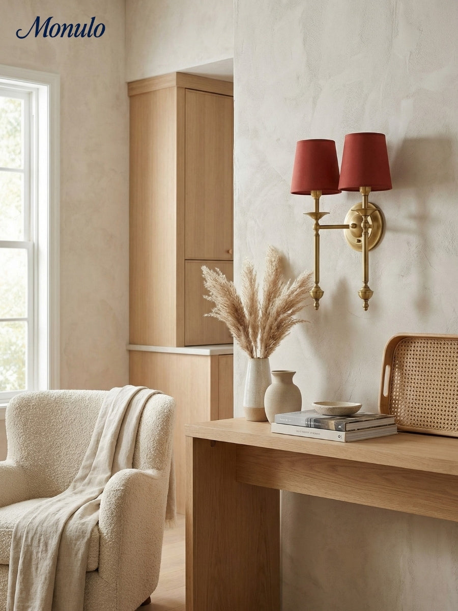 Stoffen Wandlamp met Vintage Koperen Afwerking – Sfeervolle Verlichting voor Hal, Slaapkamer en Woonkamer